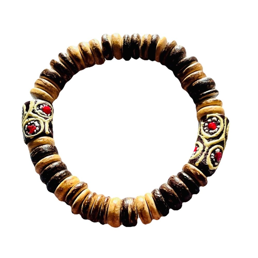 Handmade Beaded Stretch Bracelet Wood And African Trade Beads 8" Man Woman New